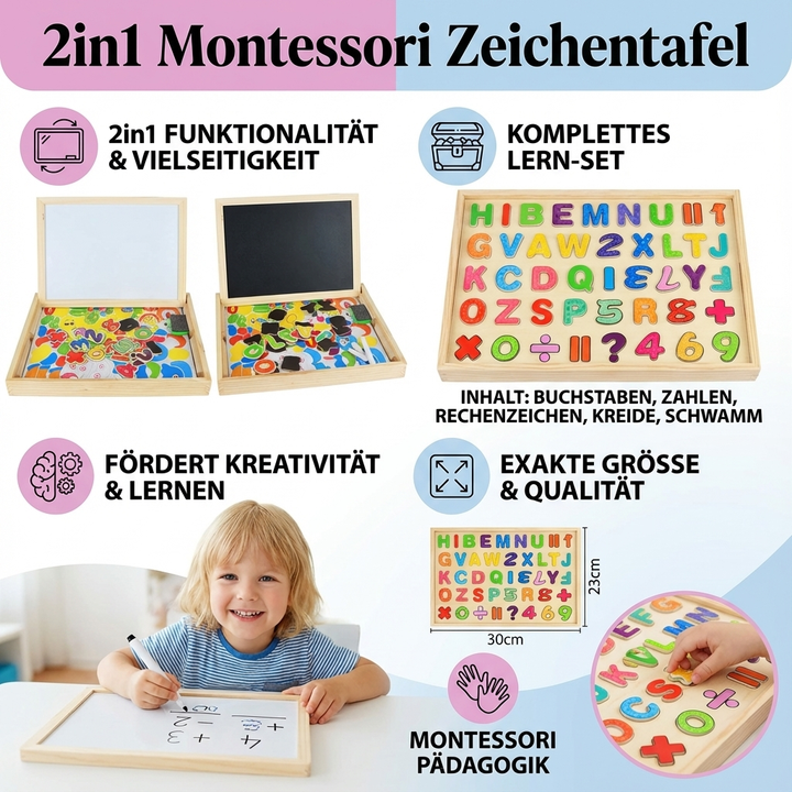 Kinder-Montessori-Spielzeug: 2-in-1 Zeichentafel aus Holz. Maltafel & Magnettafel fördert Kreativität & motorische Skills.
