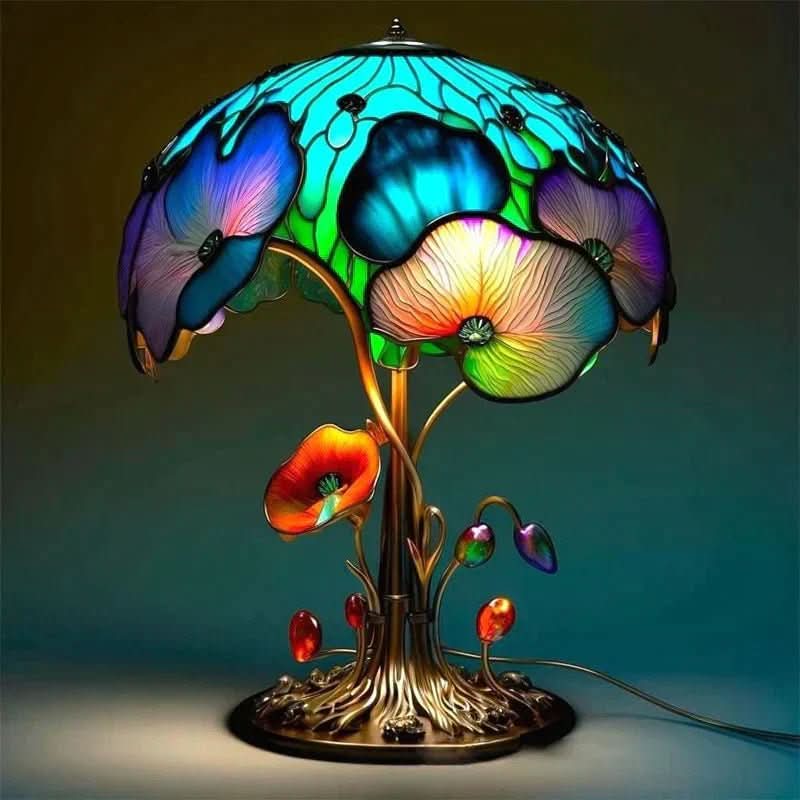 Nahaufnahme der farbenfrohen Glas Mosaiklampe, die ein warmes, dekoratives Stimmungslicht erzeugt.