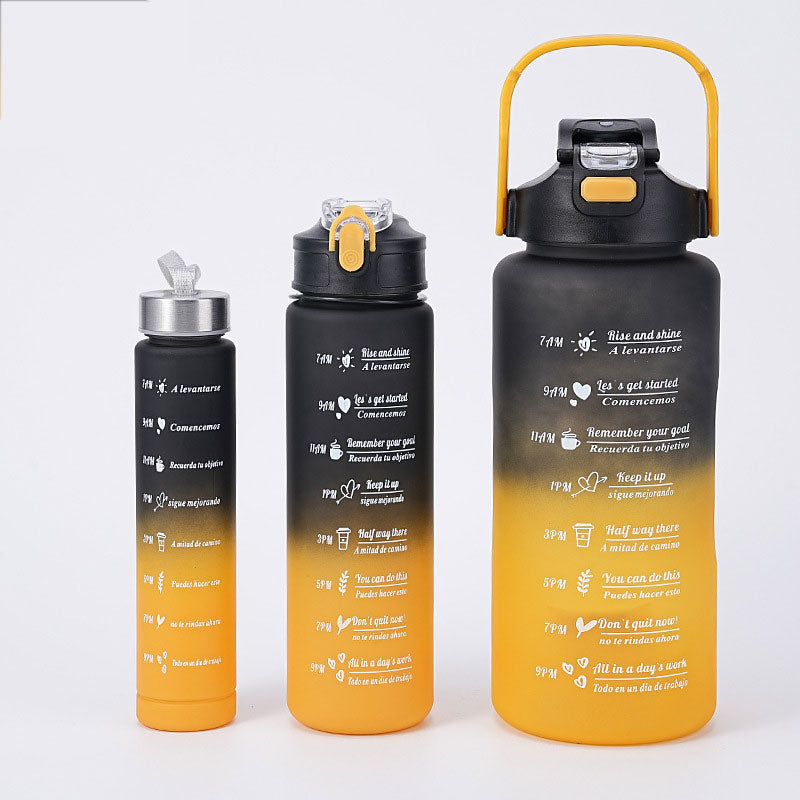 Moderne Trinkflasche mit Farbverlauf (Gradient) aus Tritan, auslaufsicher, mit Handyhalter & Motivationssprüchen.