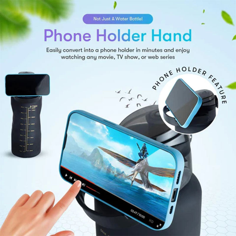 Auslaufsichere Wasserflasche mit integriertem Handyhalter für bequemes Trinken und sichere Handy-Aufbewahrung.