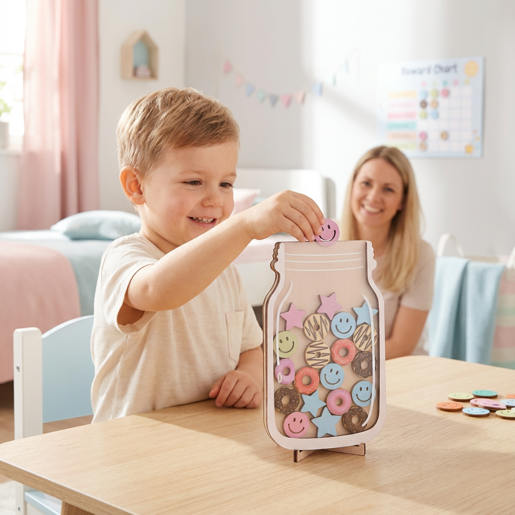 Kinder Belohnungssystem: Klares Glas mit farbigen Sternen zum Sammeln. Fördert Motivation & positive Verhaltensentwicklung.