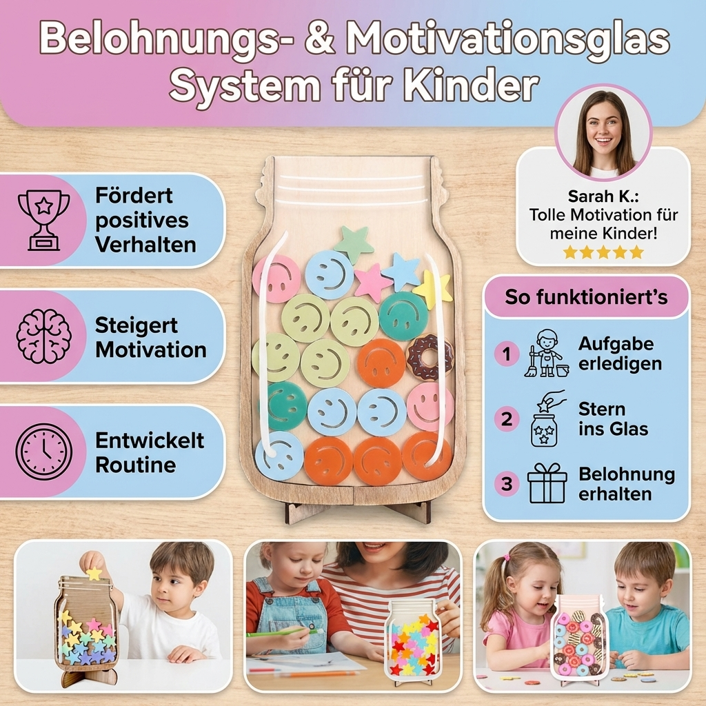 Sterne sammeln: Motivationsglas als Belohnungssystem für Kinder. Hilft bei positiver Erziehung und guten Gewohnheiten.