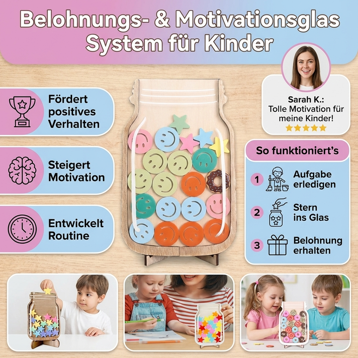 Sterne sammeln: Motivationsglas als Belohnungssystem für Kinder. Hilft bei positiver Erziehung und guten Gewohnheiten.