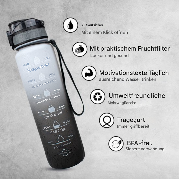 Sportflasche 1 Liter mit Motivationsskala & Zeitmarkierungen, ideal für Fitness, Workout & Büro.