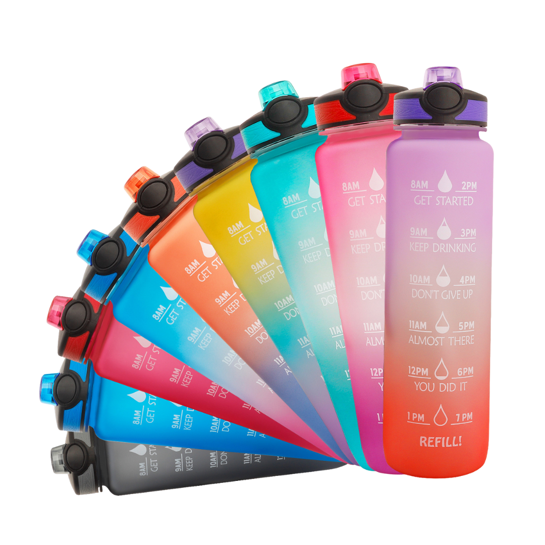 BPA-freie Wasserflasche 1L mit motivierenden Sprüchen und Zeitmarkierungen für gesunde Trinkgewohnheiten.