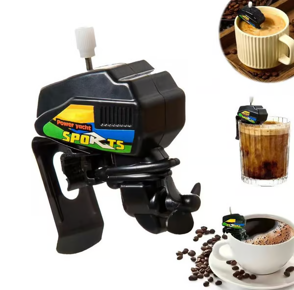 MotorMix Kaffeerührer, origineller Bootsmotor für Kaffee. Schwarzes Gadget als Küchen-Geschenkidee.