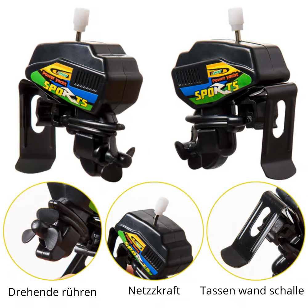 Einzigartiger Bootsmotor Kaffeerührer. Schwarzer, kompakter Mixer für Getränke und Kaffee. Praktisches Gadget.