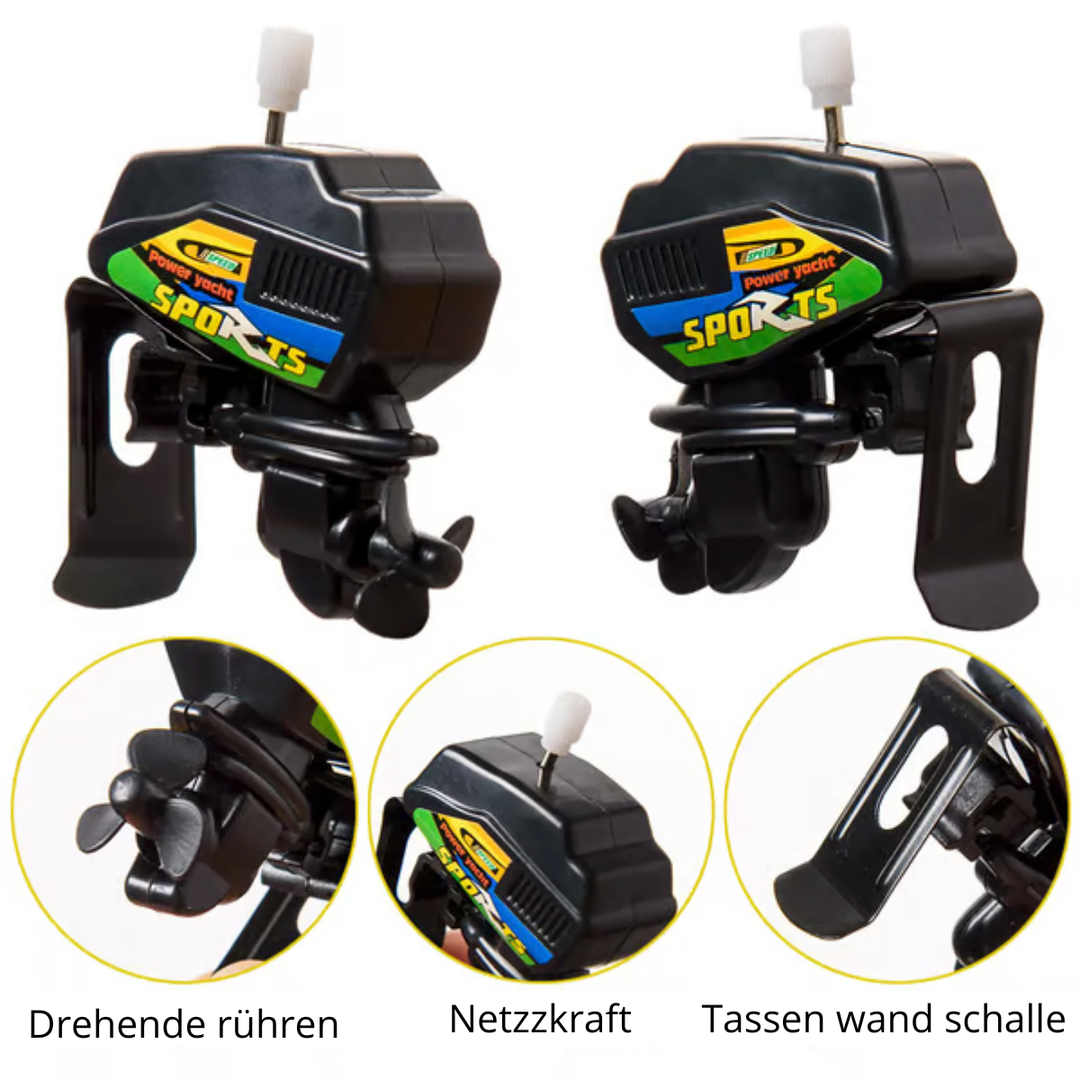Einzigartiger Bootsmotor Kaffeerührer. Schwarzer, kompakter Mixer für Getränke und Kaffee. Praktisches Gadget.
