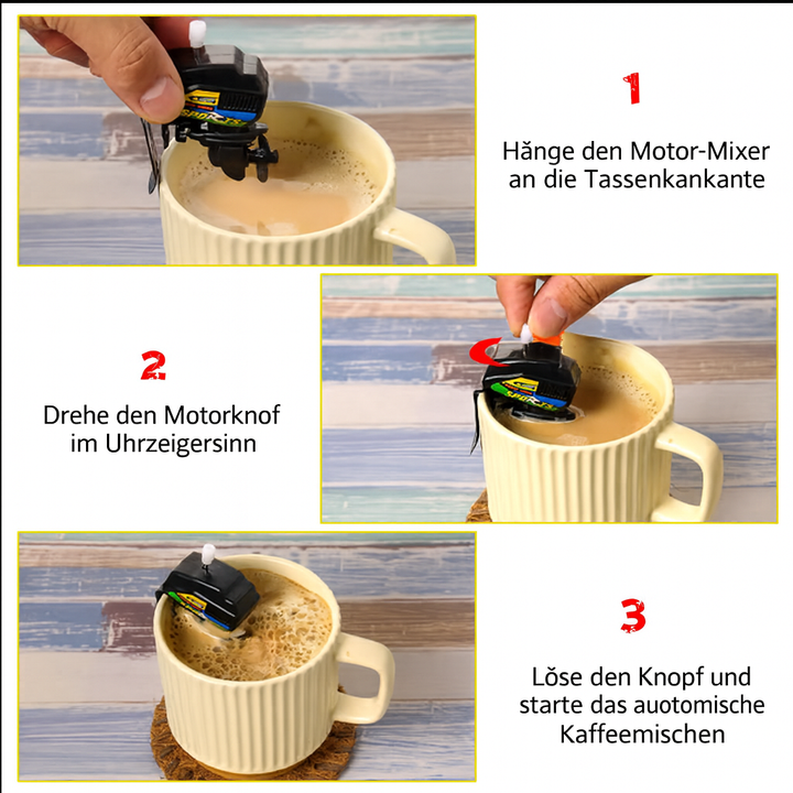 Schwarzer MotorMix Kaffeerührer im Bootsmotor-Design. Innovatives Kaffeezubehör & praktischer Getränkemixer.