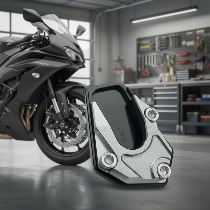Motorrad Seitenständerpad Aluminium, rutschfest für sicheren Stand auf jedem Untergrund.