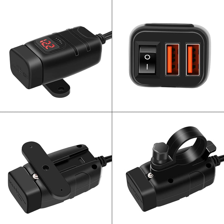 Nahaufnahme der USB-A und Typ-C Ports des Motorrad Schnellladegeräts. Universeller Ladeadapter für Gadgets.