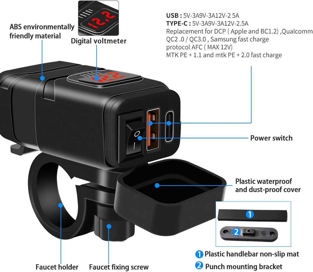 Montiertes Motorrad USB & Typ-C Schnellladegerät. Robustes Motorradzubehör mit Voltmeter für sichere Reiseausrüstung.