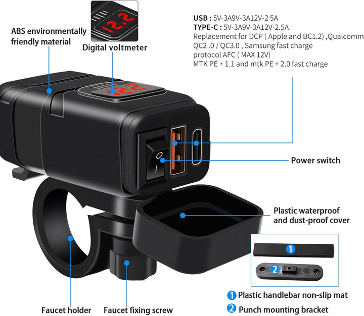 Montiertes Motorrad USB & Typ-C Schnellladegerät. Robustes Motorradzubehör mit Voltmeter für sichere Reiseausrüstung.