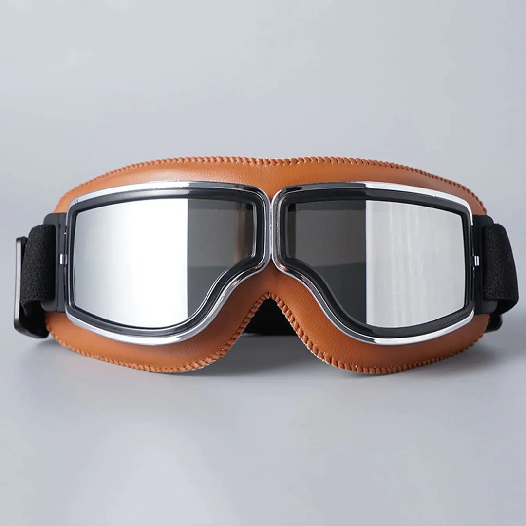 Motorradbrille Vintage: UV-Schutz für Augen, robustes Design, perfekt für offene Helme.