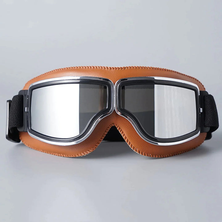 Motorradbrille Vintage: UV-Schutz für Augen, robustes Design, perfekt für offene Helme.