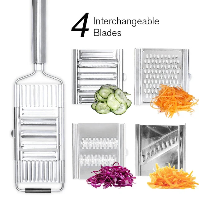 Multifunktionale 3-in-1 Edelstahl Gemüsereibe & Zerkleinerer mit rutschfestem Griff für effizientes Raspeln.