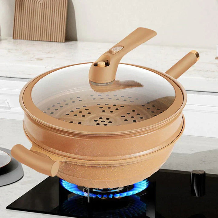 Multifunktionale Antihaft-Wokpfanne für gesundes Kochen und Braten, ideal für jede Küche.