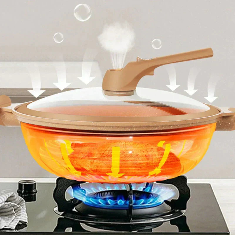 Robuste Antihaft-Wokpfanne für fettarmes Kochen; ideal zum Braten, Dämpfen und Schmoren in der Küche.