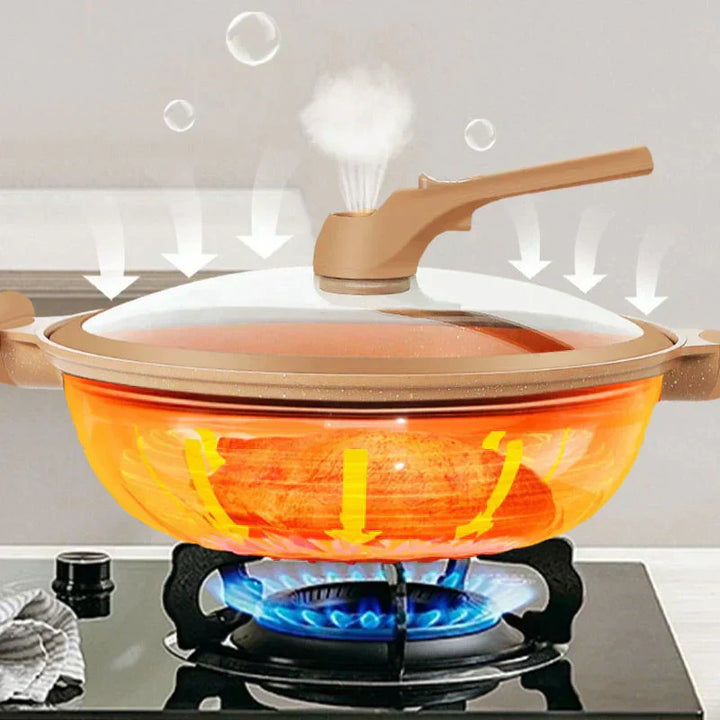 Robuste Antihaft-Wokpfanne für fettarmes Kochen; ideal zum Braten, Dämpfen und Schmoren in der Küche.