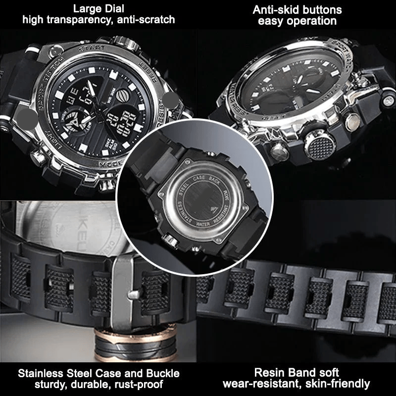 Outdoor-taugliche Herrenuhr; wasserdicht, mit Dual-Display und stoßfestem Gehäuse für jedes Terrain.