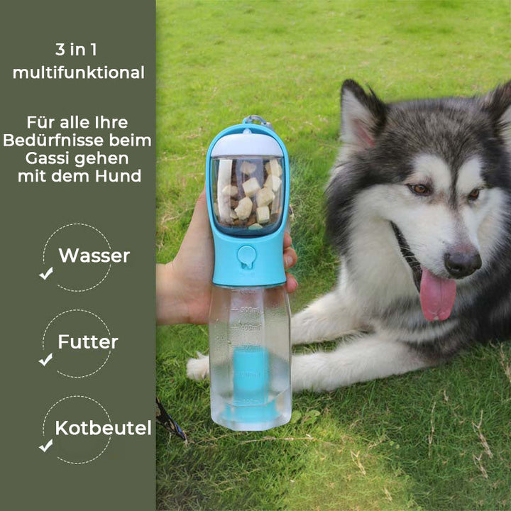 Praktische Hunde-Wasserflasche mit auslaufsicherem Trinknapf für frisches Wasser auf Spaziergängen.