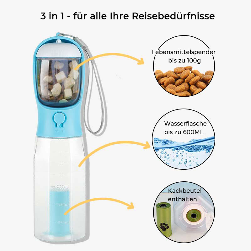 Reise-Futterbehälter für Hunde, integriert in eine Flasche, ideal für Snacks & Trockenfutter unterwegs.