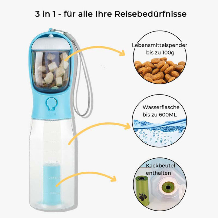 Reise-Futterbehälter für Hunde, integriert in eine Flasche, ideal für Snacks & Trockenfutter unterwegs.
