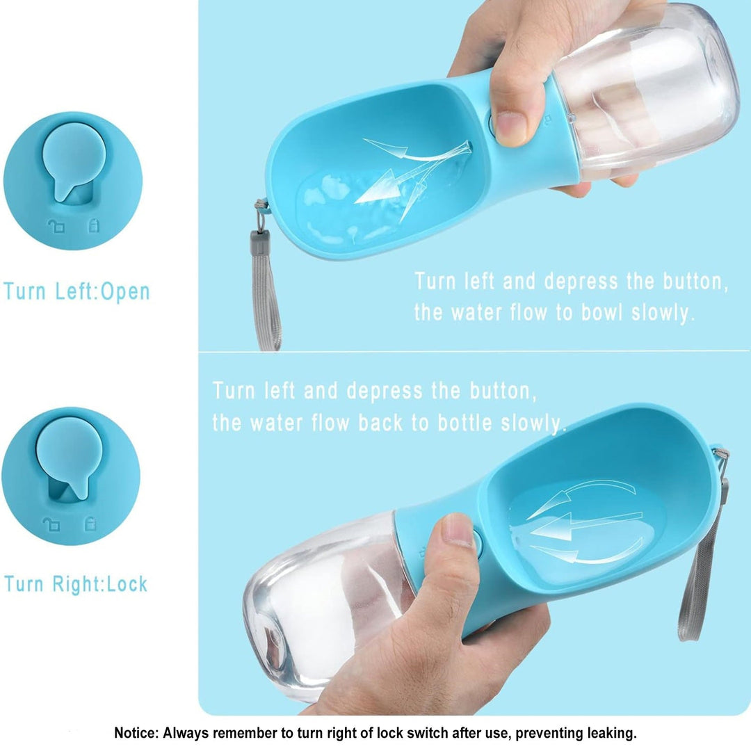 Multifunktionale Trinkflasche für Hunde mit integriertem Futterfach und Kotbeutelspender.
