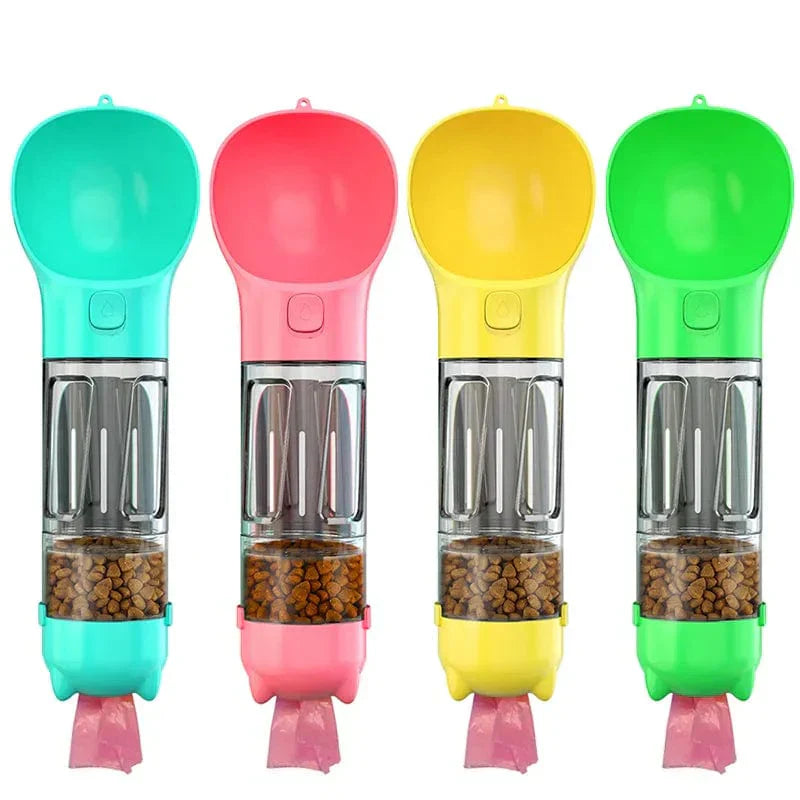 Praktische Hundetrinkflasche mit Futterspender & Kotbeutelhalter für Gassi, Reisen & Outdoor-Abenteuer.