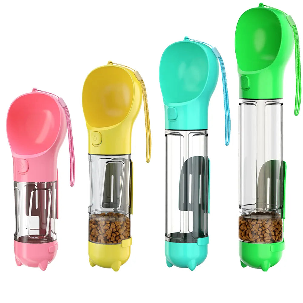 Hundezubehör 3-in-1: Trinkflasche, Futterbehälter & Kotbeutelspender für unbeschwerte Outdoor-Erlebnisse.