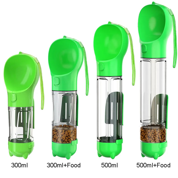 Kompakte 3-in-1 Hundetrinkflasche: Wasser, Futter & Kotbeutelspender in einem – optimal für unterwegs.