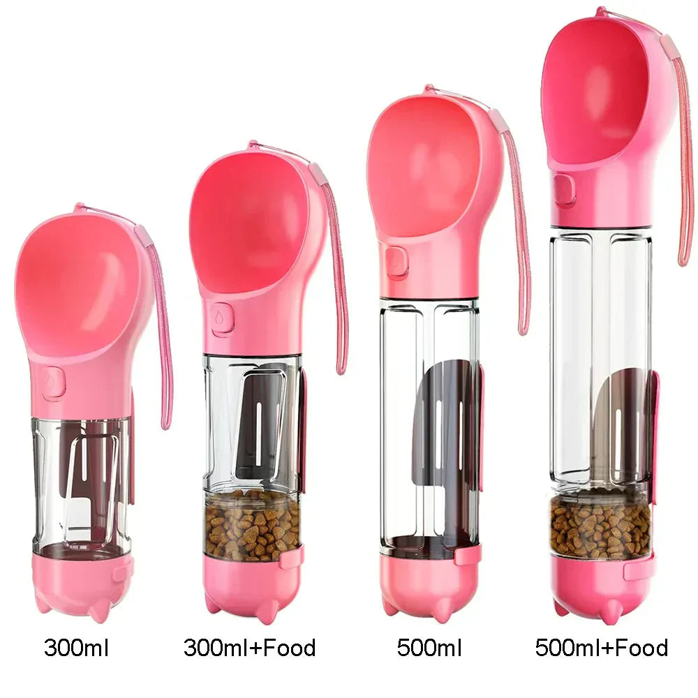 Vielseitige Hundetrinkflasche für Spaziergänge & Reisen, mit integriertem Futterspender & Kotbeutelfach.