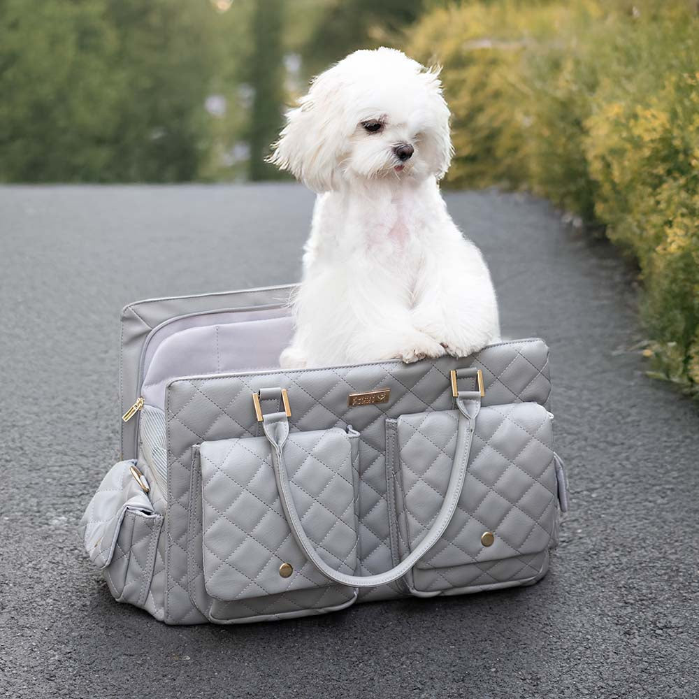 Robuste Leder-Transporttasche für mittelgroße Hunde, mit Griffen & Schultergurt.