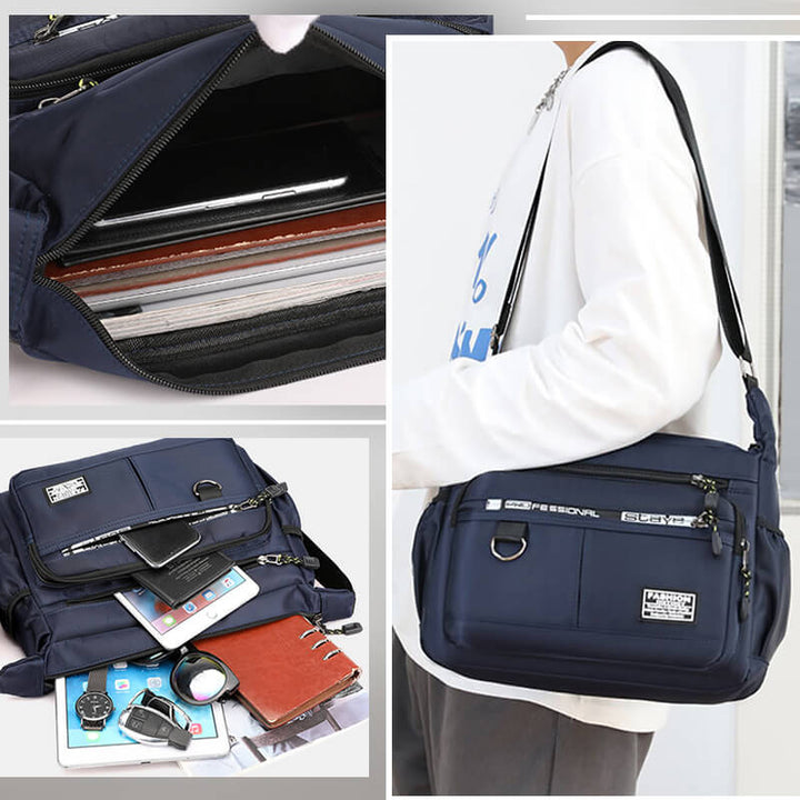 Nahaufnahme der wasserdichten Reißverschlüsse der multifunktionalen Schultertasche aus robustem Nylon.