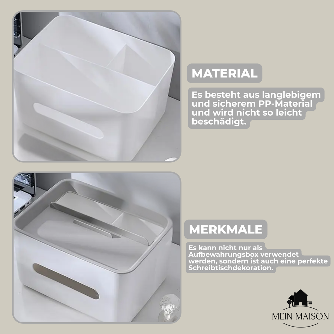 Praktische Taschentuchbox mit integriertem Organizer. Perfekt für Kosmetiktücher und kleine Gegenstände.