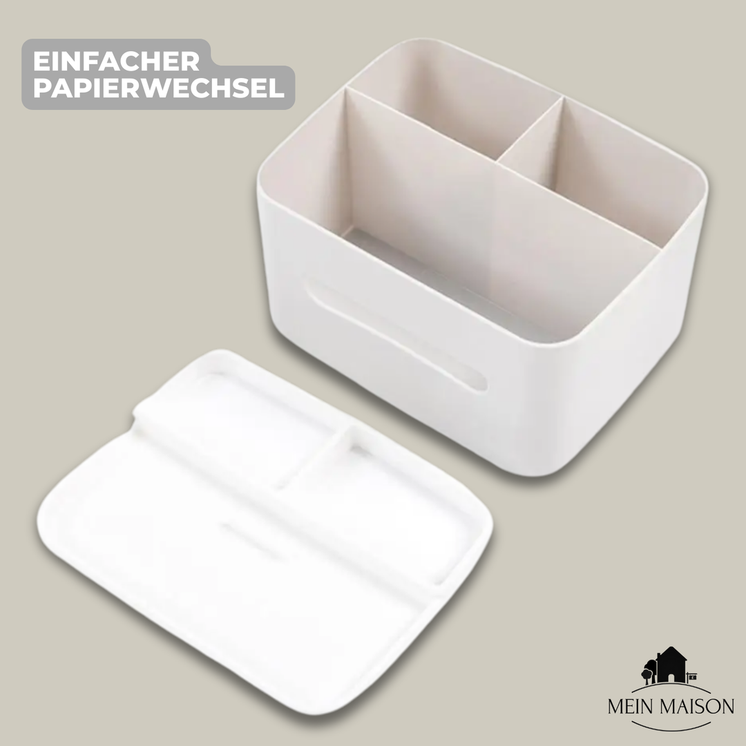 Modernes Organizerfach der Taschentuchbox. Ideal zur Aufbewahrung von Stiften, Fernbedienungen oder Make-up.