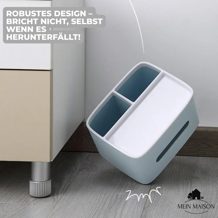 Schreibtischorganizer: Taschentuchbox mit Fächern für Stifte, Handy und Bürobedarf. Schafft Ordnung mühelos.