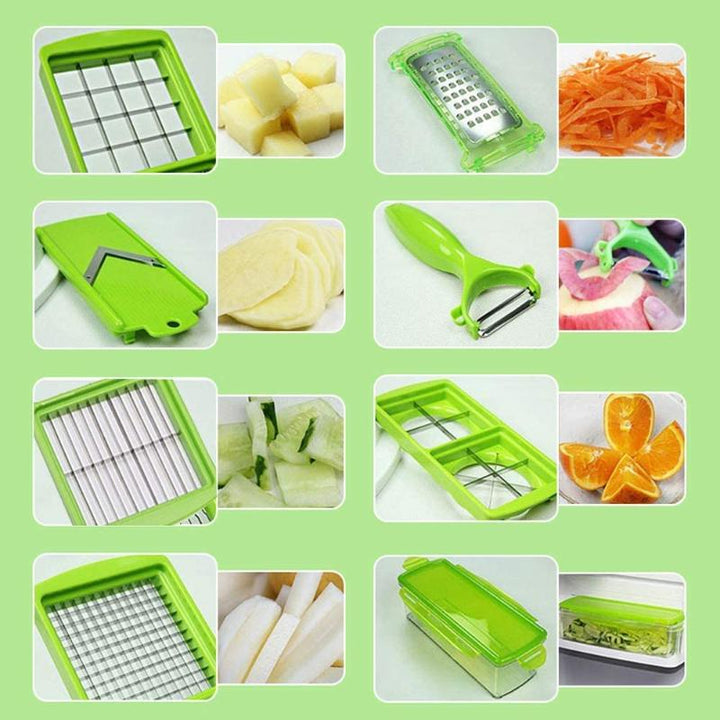 Ergonomischer 12-in-1 Gemüseschneider für sicheres Schneiden von Gemüse, Obst; praktisches Küchengerät.