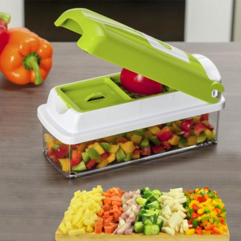 Innovativer Gemüseschneider 12-in-1 für mühelose Zubereitung von Obst & Gemüse; unverzichtbares Kochzubehör.