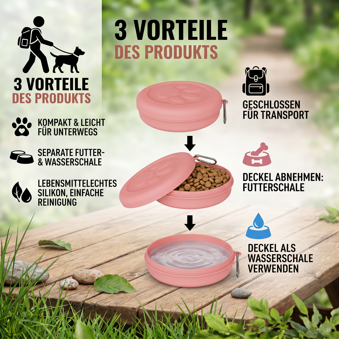 Praktischer 2-in-1 Tierfutter- & Wassernapf für unterwegs; wichtiges Hundezubehör & Katzenzubehör.