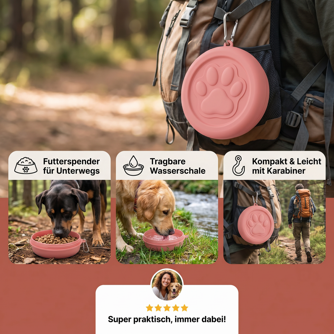 Robuster Futter- & Trinkbehälter für Hunde & Katzen; 2-in-1 Lösung für Futter und Wasser auf Reisen.
