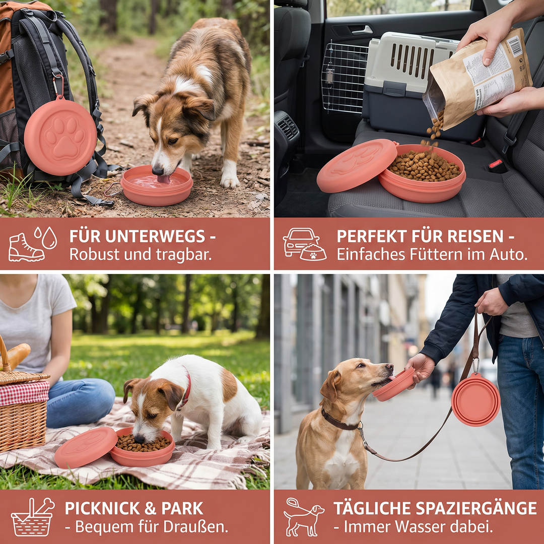 Kompakter Outdoor Futterbehälter & Wasserschale für Hunde und Katzen, unverzichtbares Reisezubehör.