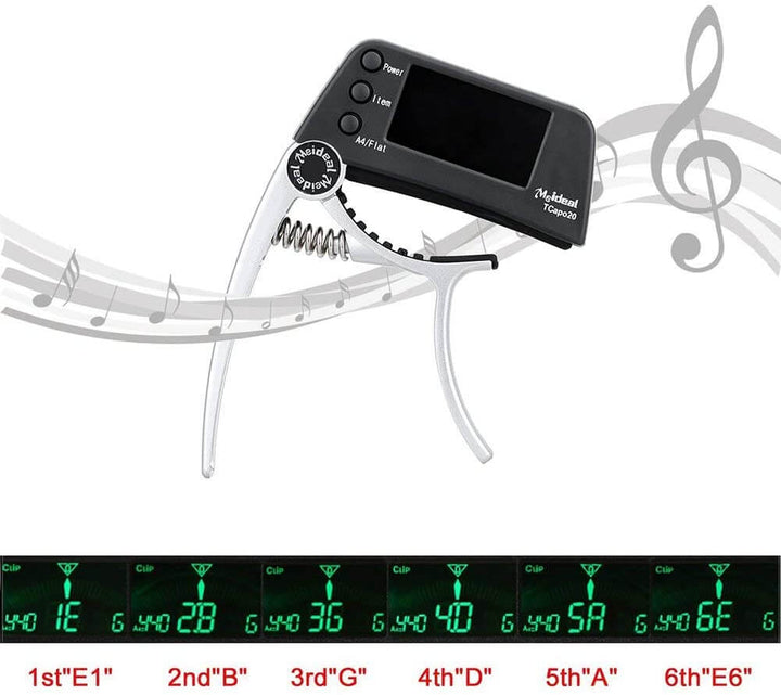 Tragbarer Gitarrenkapodaster & Stimmgerät aus robustem Aluminium, unverzichtbares Gitarrenzubehör für Musiker.