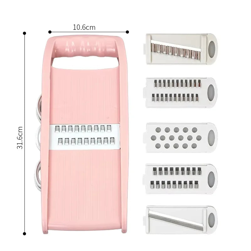 Vielseitiger 5-in-1 Gemüsezubereiter in Rosa. Manuelle Reibe, Hobel & Würfler aus Edelstahl für schnelles Kochen.