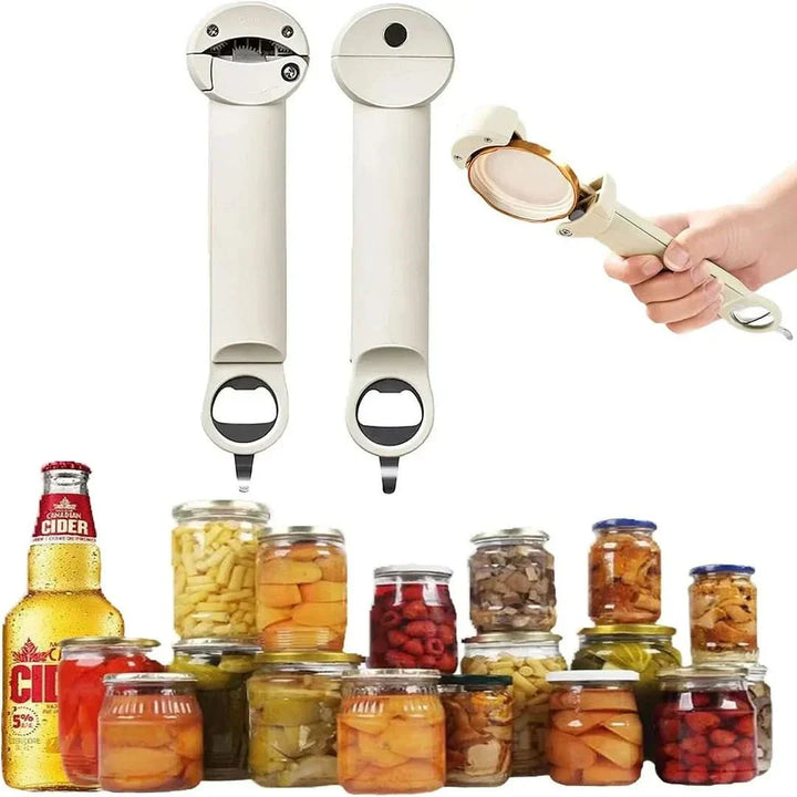 Praktischer Küchenhelfer: Deckelöffner, Glasöffner & Flaschenöffner in einem Gerät, einfach zu bedienen.