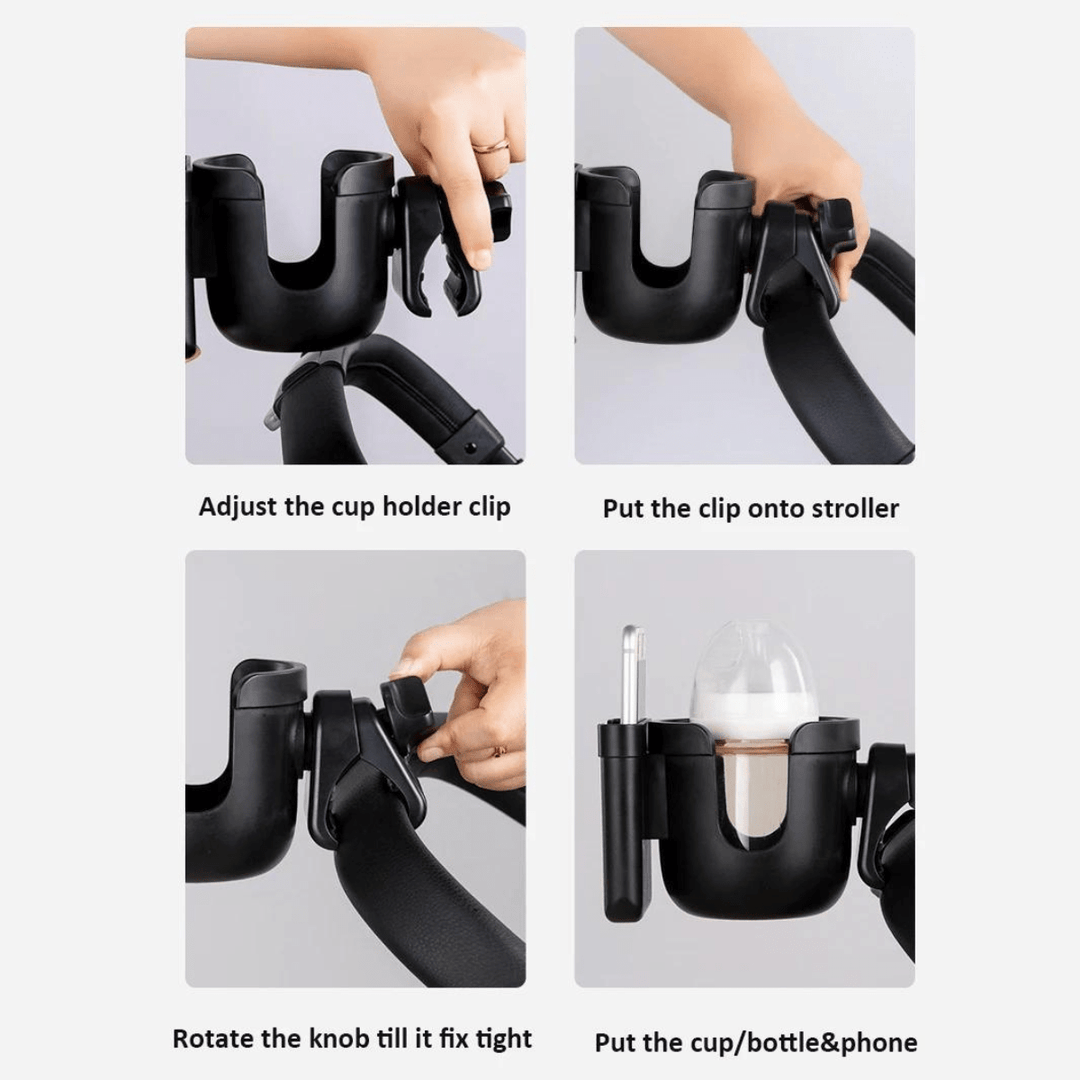 Verstellbarer Handyhalter am Kinderwagen, ideal für Navigation & Kommunikation beim Spaziergang.