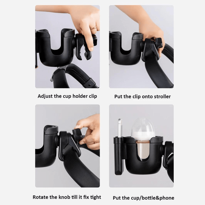 Verstellbarer Handyhalter am Kinderwagen, ideal für Navigation & Kommunikation beim Spaziergang.