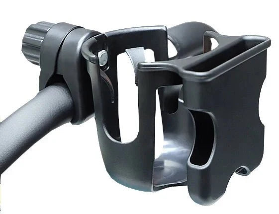 Einfach anzubringender Flaschen- & Handyhalter für Kinderwagen, mit Schnellbefestigung.
