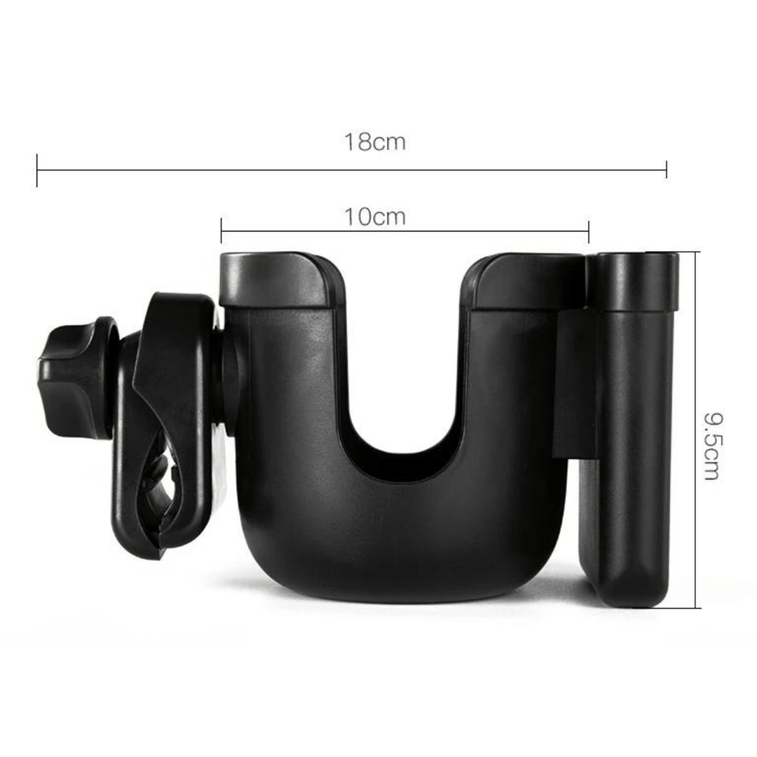 Universeller, schwarzer Kinderwagenhalter für Flasche & Handy. Robustes Babyzubehör für jeden Ausflug.