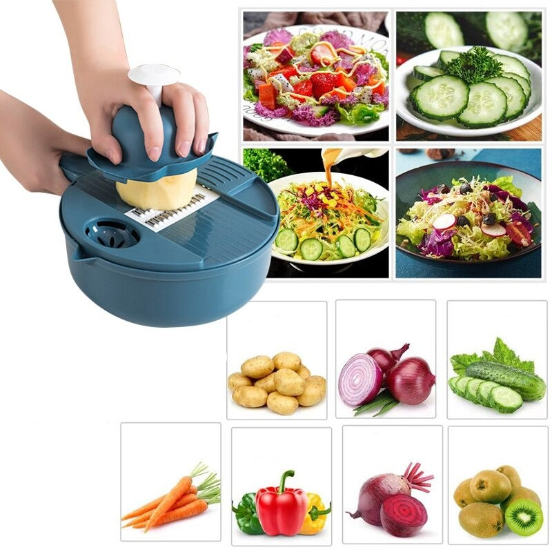 Multifunktionales 12-in-1 Schneide-Set für Obst & Gemüse. Ein zeitsparender Küchenhelfer zum Hacken & Raspeln.